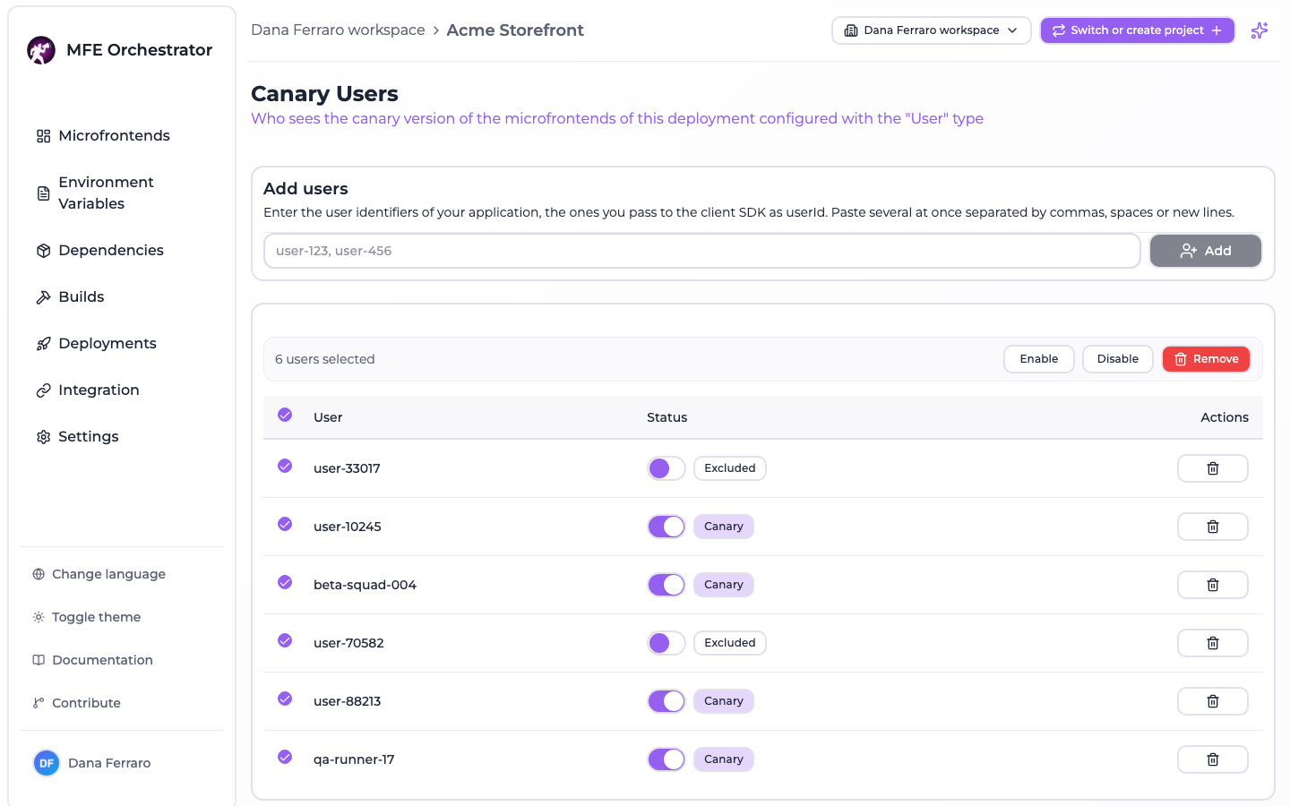 The canary users table with every row selected and the bulk enable, disable and remove actions