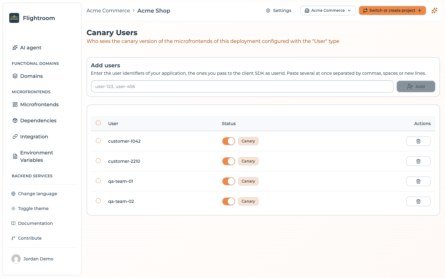 The Canary Users page: the Add users field and four enrolled users, each with its canary switch and delete button
