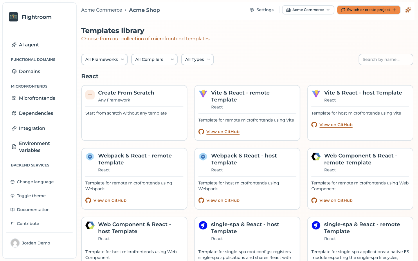 The templates library page: the framework, compiler and type filters above the template cards grouped by framework