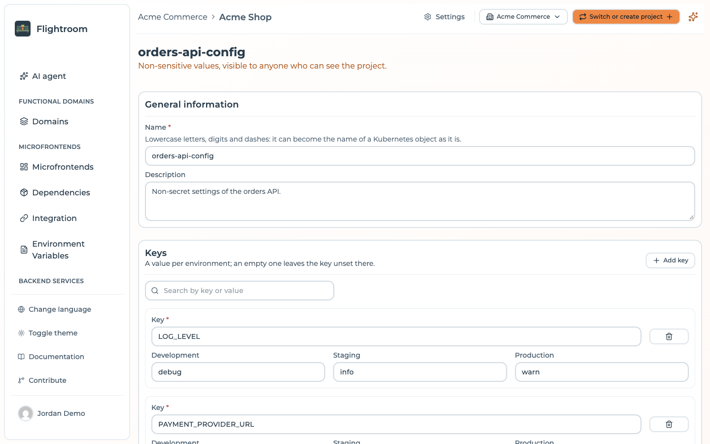 The orders-api-config config map, with its name, description and keys holding a value for Development, Staging and Production