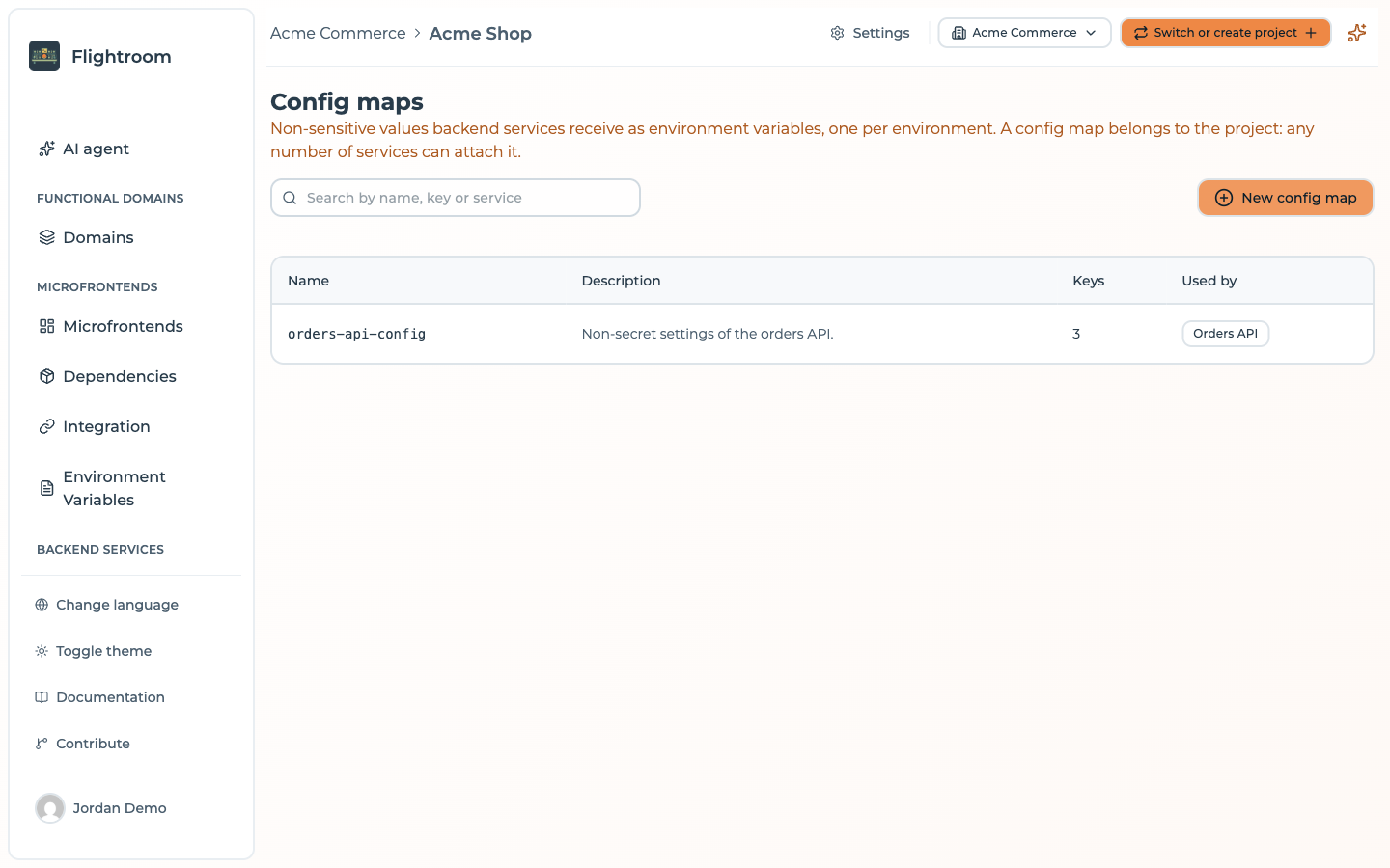 The Config maps list with the orders-api-config map, its description, three keys and the Orders API service under Used by