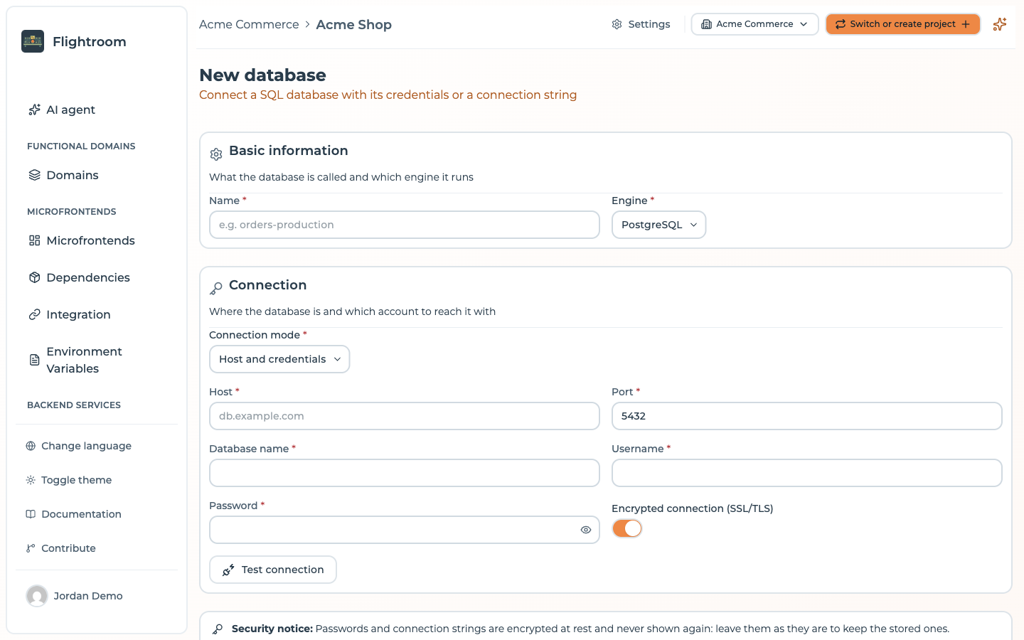 The New database form in Host and credentials mode, with the PostgreSQL default port, the SSL/TLS switch on and Test connection