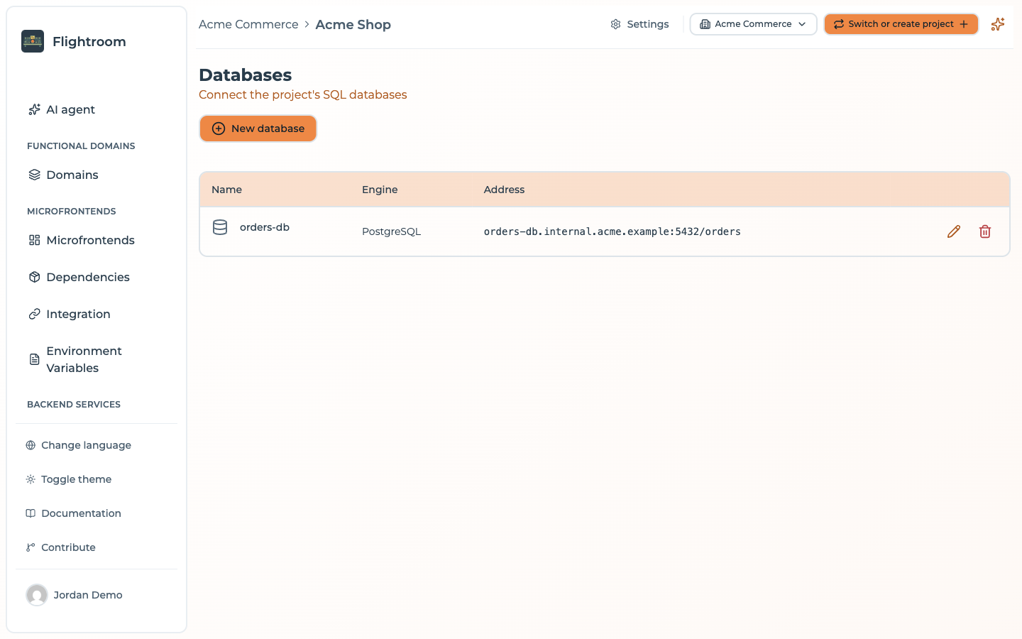 The Databases list with the orders-db PostgreSQL database and its host/database address