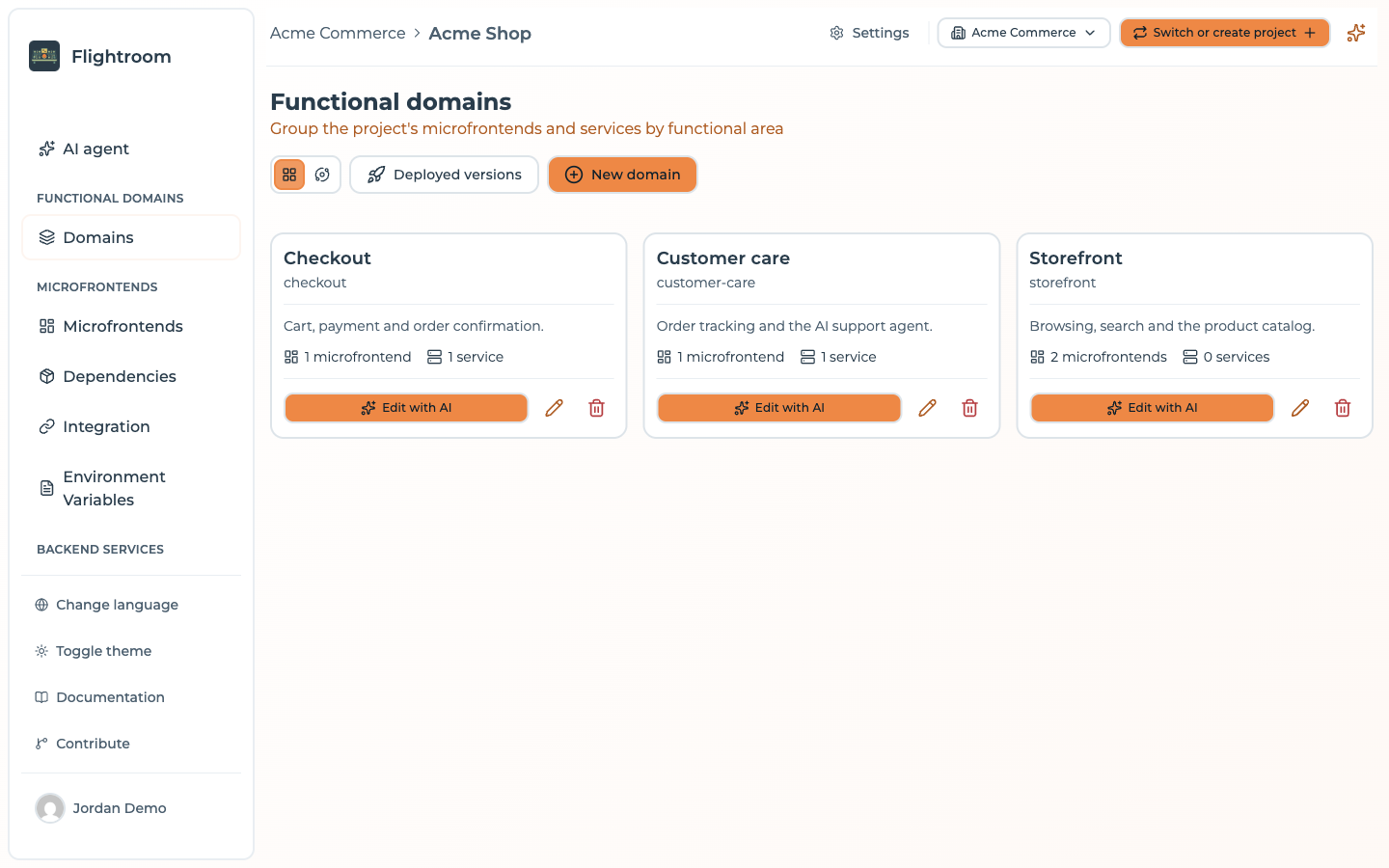 The Cards view: one card per domain with its slug, description, member counts, Edit with AI, pencil and trash icon