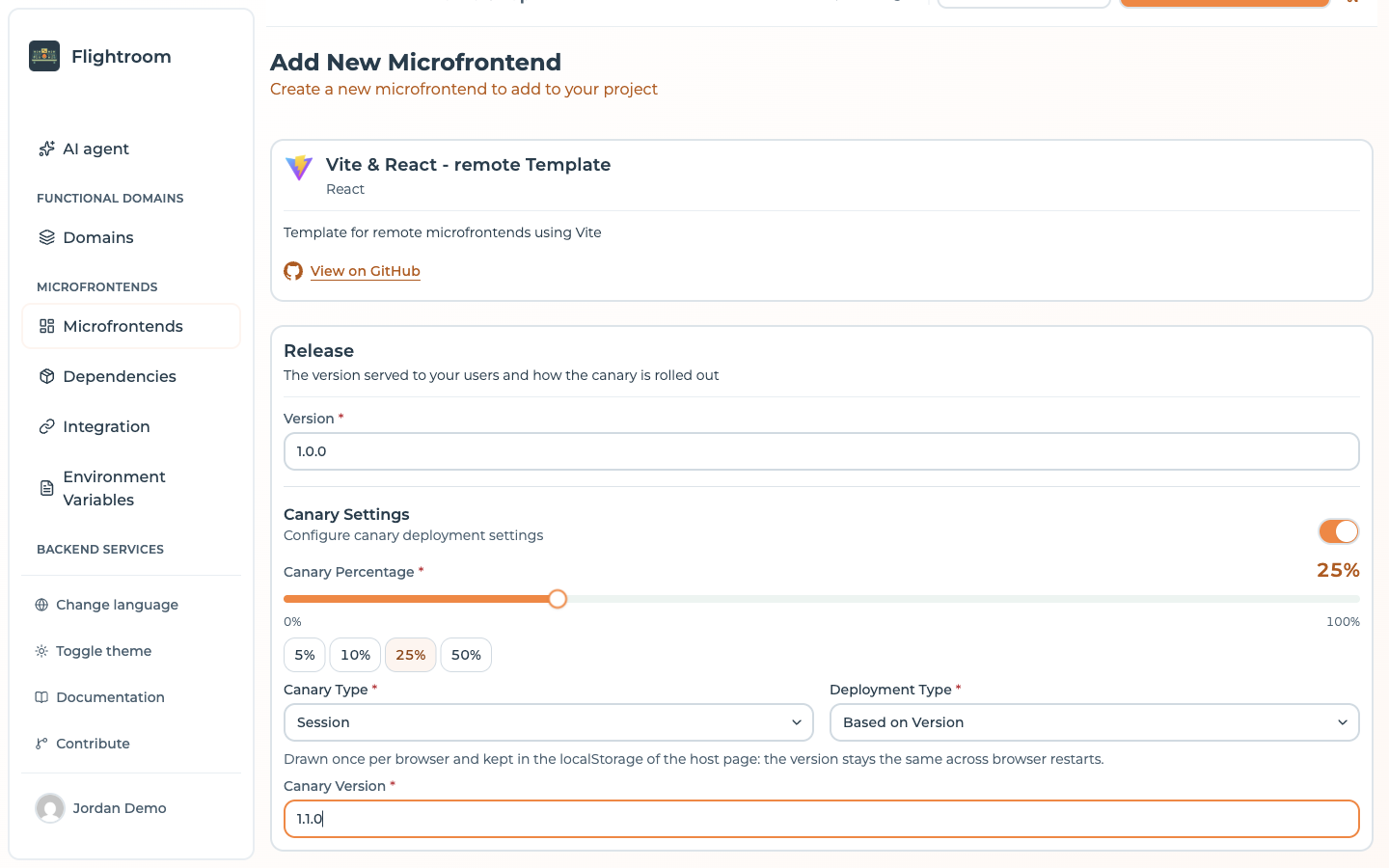 The Canary Settings section of the frontend form with the switch on, the percentage slider and its presets, the canary type and deployment type selects and the canary version field