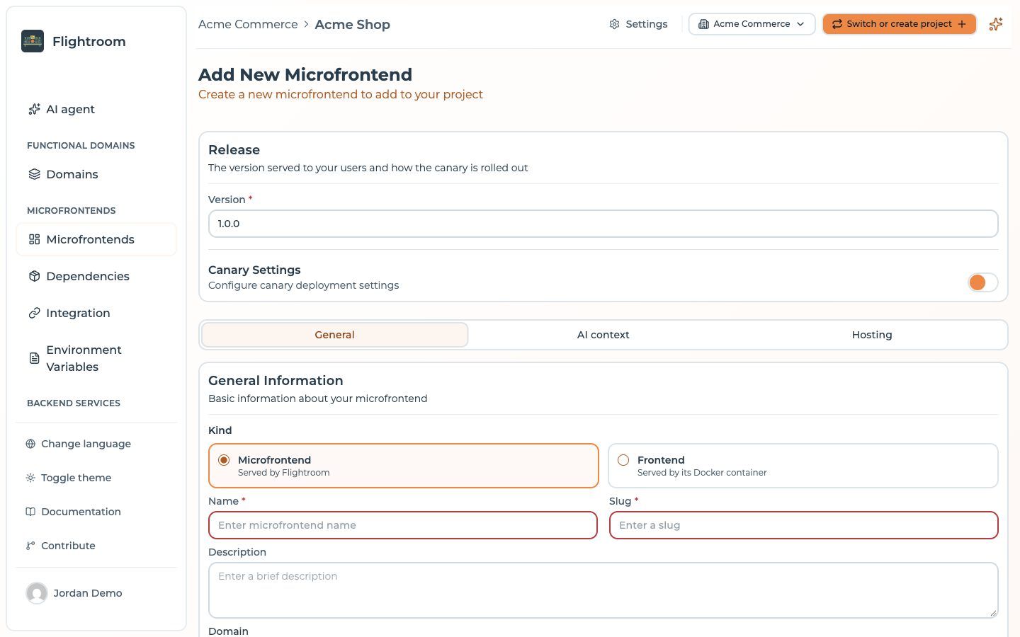 The Add New Frontend form: the Release card with the version and the canary switch, above the General, AI context and Hosting tabs