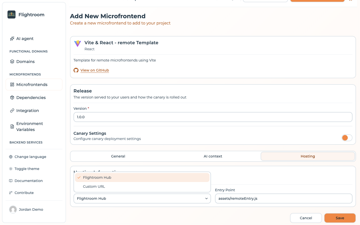 The Hosting Type list open, offering Flightroom Hub and Custom URL