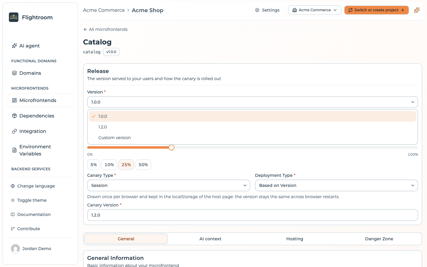 The Version field listing the uploaded versions and a Custom version option
