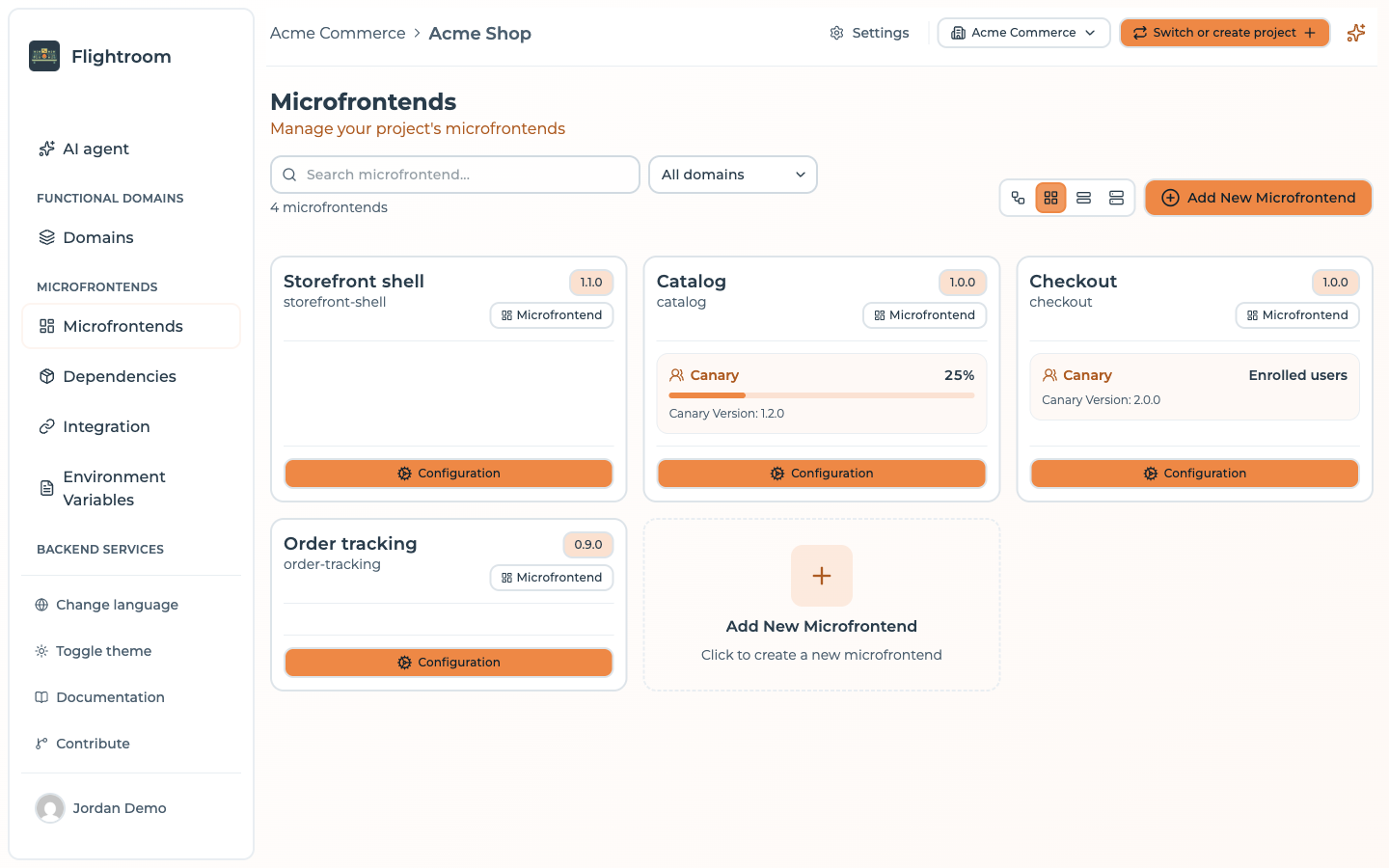 Grid view: one card per frontend