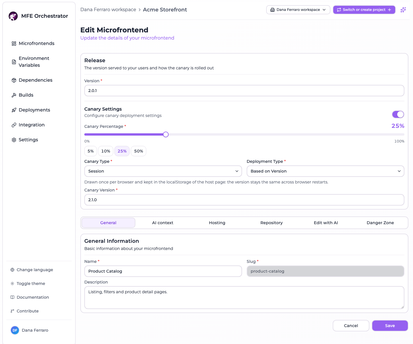 The microfrontend form in edit mode: the Release card with the version and the canary settings above the General, Hosting, Repository and Danger Zone tabs