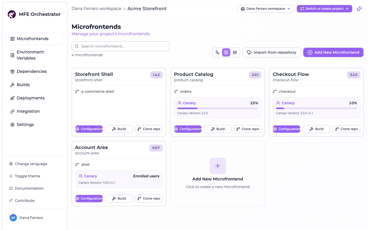 Grid view: one card per microfrontend