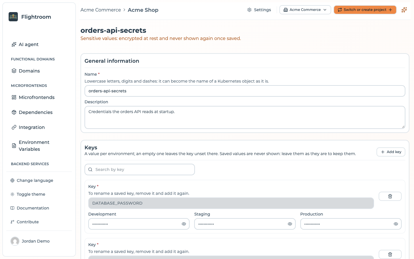 The orders-api-secrets secret, with saved keys locked against renaming and their values masked in every environment
