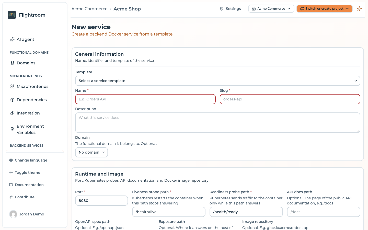 The New service form, with the General information card and the start of Runtime and image