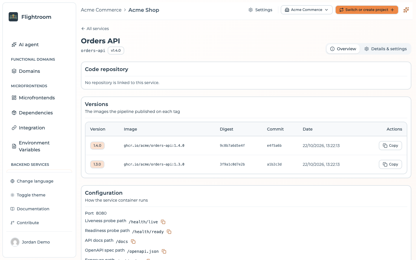 The Overview tab of the Orders API service, with no linked repository, two registered versions and the configuration