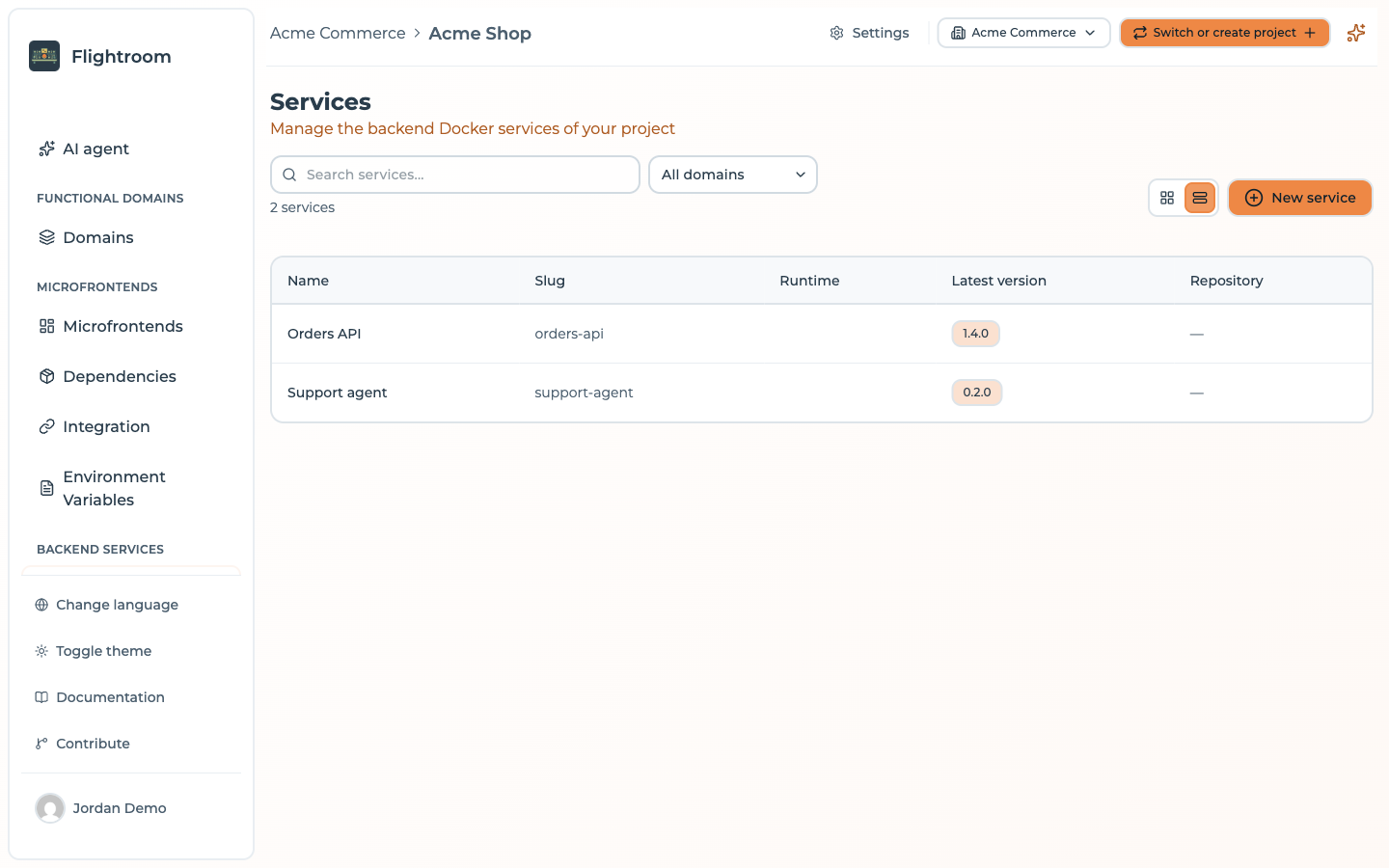 The Services page in table view, listing the Orders API and Support agent services with their latest version